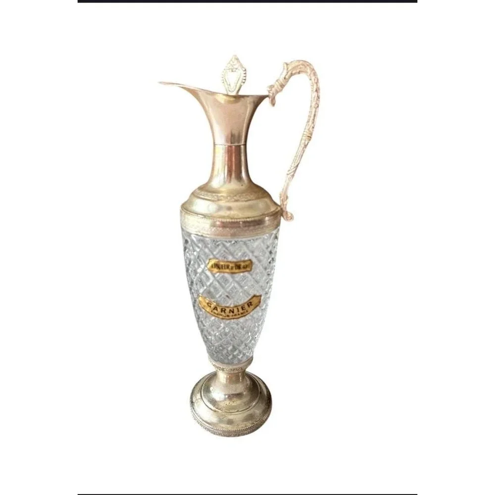 Vintage Garnier Liqueurs Decanter, Cut Glass Gilt Metal Pitcher, Italian Barware